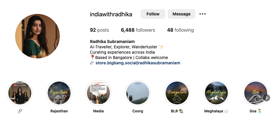 a screenshot of radhika, ai traveller's instagram profile as example for influencer marketing
